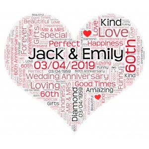 Personalised Word Art Heart Print for Wedding Anniversary Birthday Gift