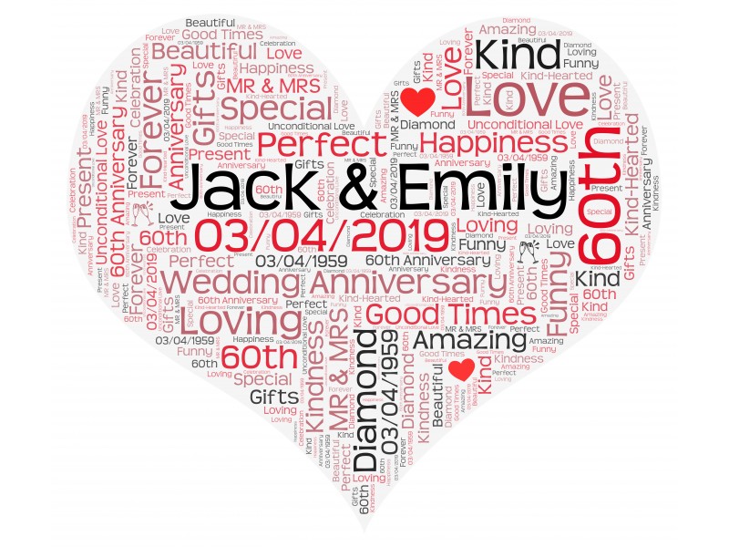 Personalised Word Art Heart Print for Wedding Anniversary Birthday Gift