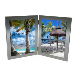 2 Picture 5 x 7 inches Brushed Aluminium Silver Colour Vertical Double Folding Photo Frame Gift 
