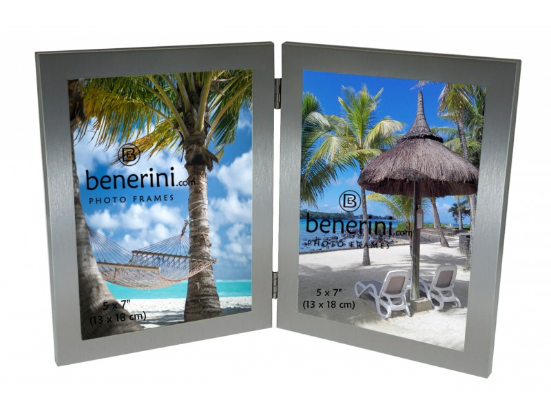 2 Picture 5 x 7 inches Brushed Aluminium Silver Colour Vertical Double Folding Photo Frame Gift 