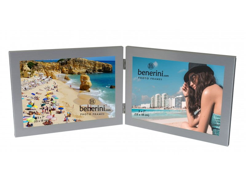 2 Picture - 7 x 5 inches Brushed Aluminium Silver Colour Horizontal Double Folding Photo Frame Gift - Takes 2 Photos of 7 x 5 inches (18 x 13 cm) - Landscape Style