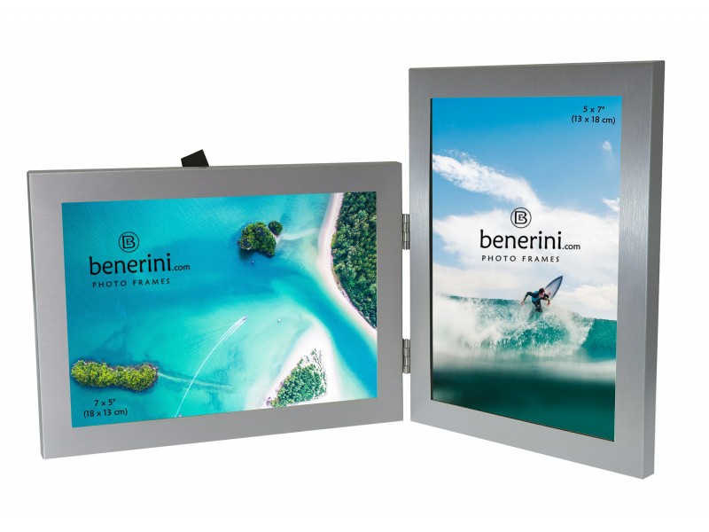 2 Picture - 5 x 7 inches Brushed Aluminium Silver Colour Double Folding Photo Frame Gift - Takes 2 Standard 5 x 7 inch photographs - 1 Landscape and 1 Portrait Style